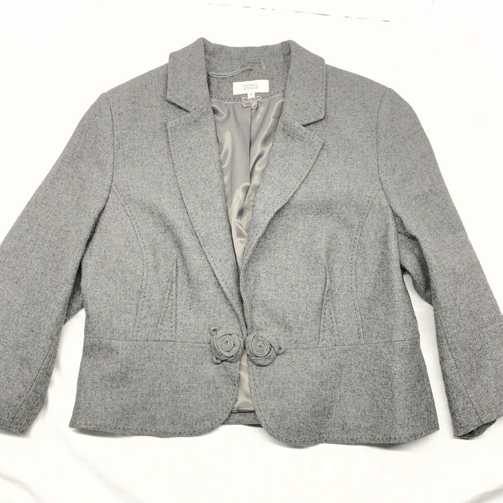 Marks & Spencer Wool Blend Blazer Jacket Grey Women's XL Old Money Coquette